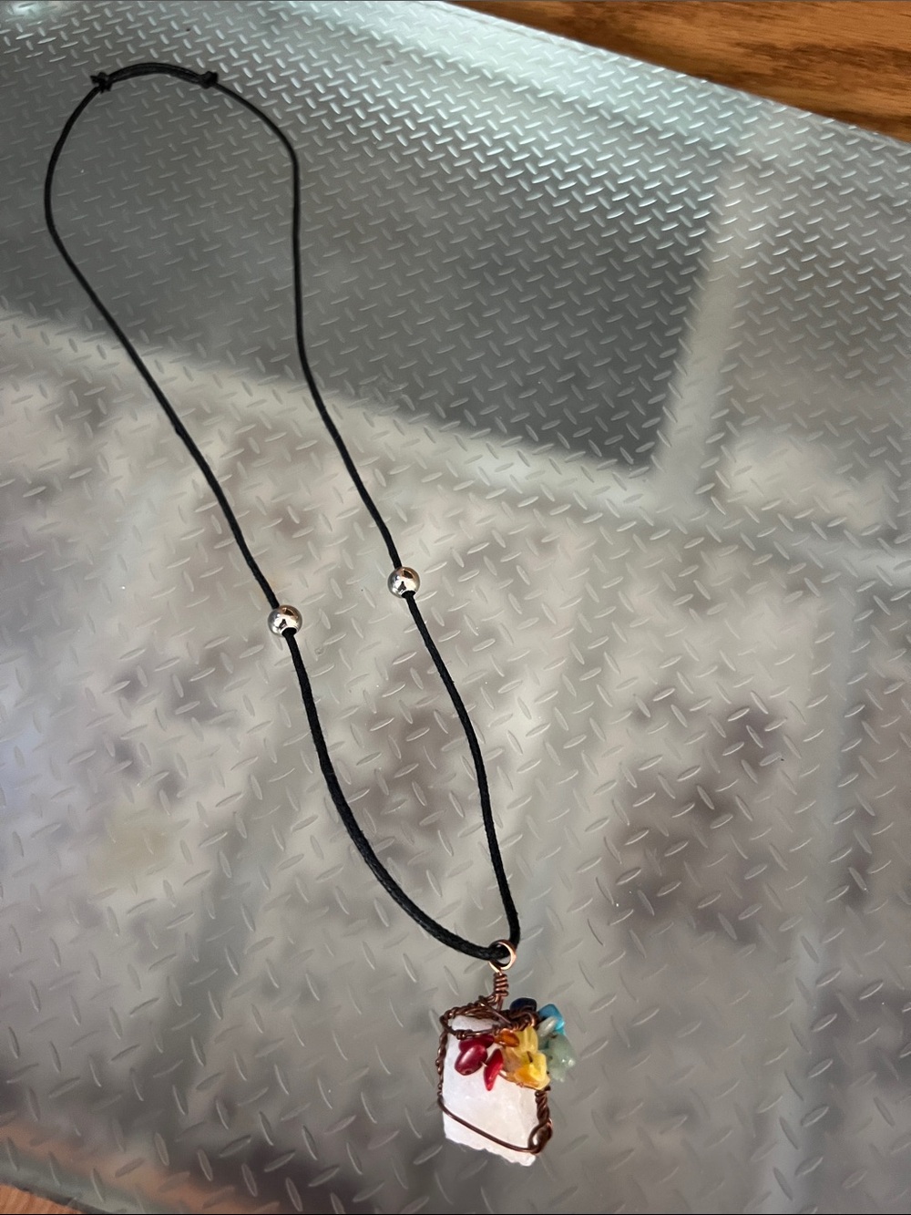 Handmade Black Cord Necklace with White Pendant and Multicolor Flower Accent